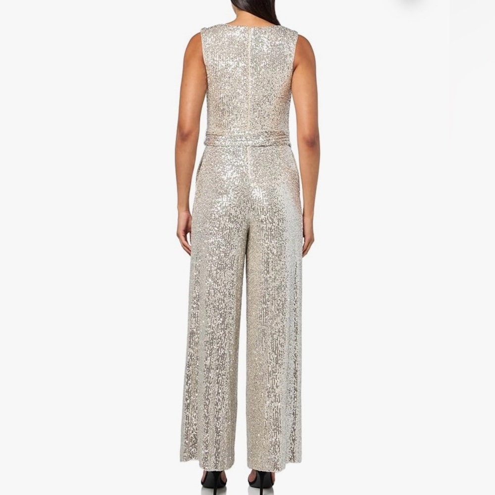 NWT Vince Camuto Silver Sequin Cowl Neck Sleeveless Tie Waist Wide Leg Jumpsuit - Picture 10 of 16